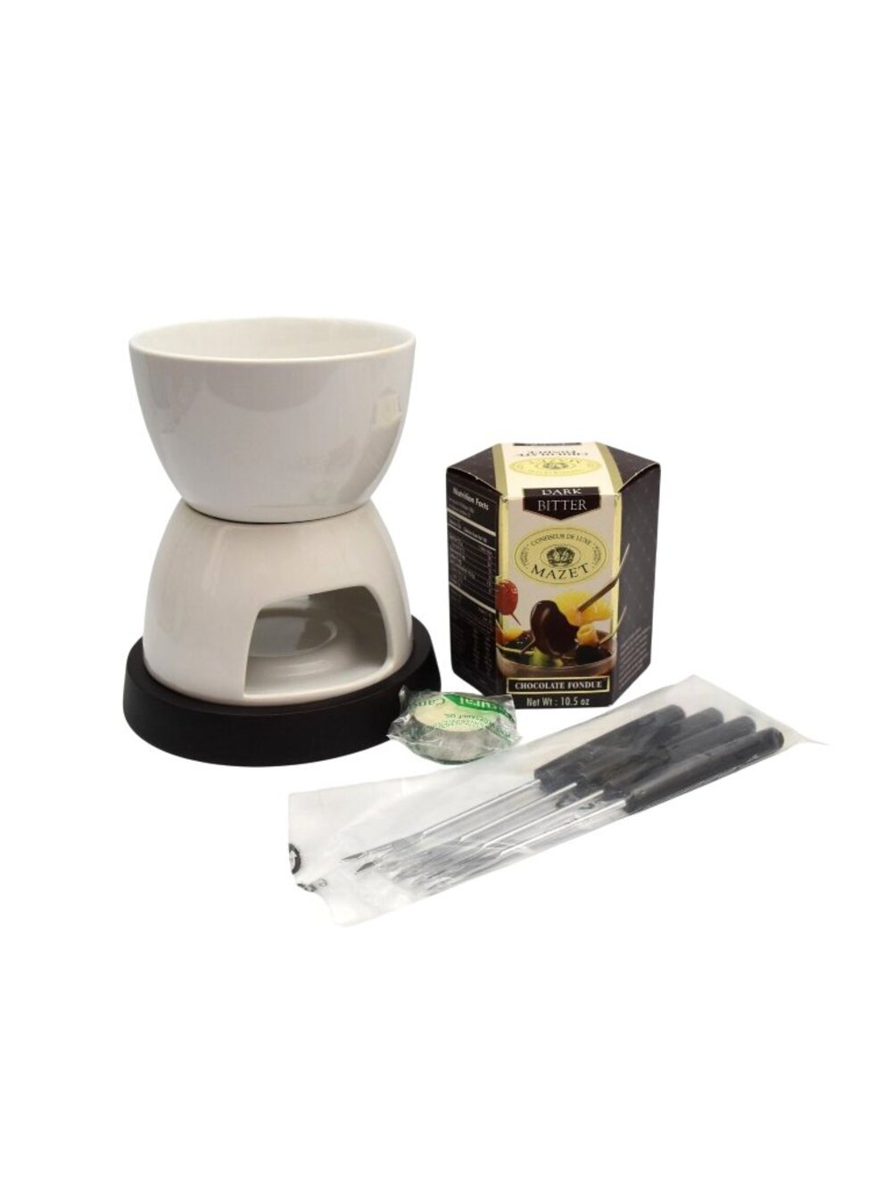 Crate and Barrel Ceramic Fondue Set 4 Forks Mazet Dark Chocolate Candle New